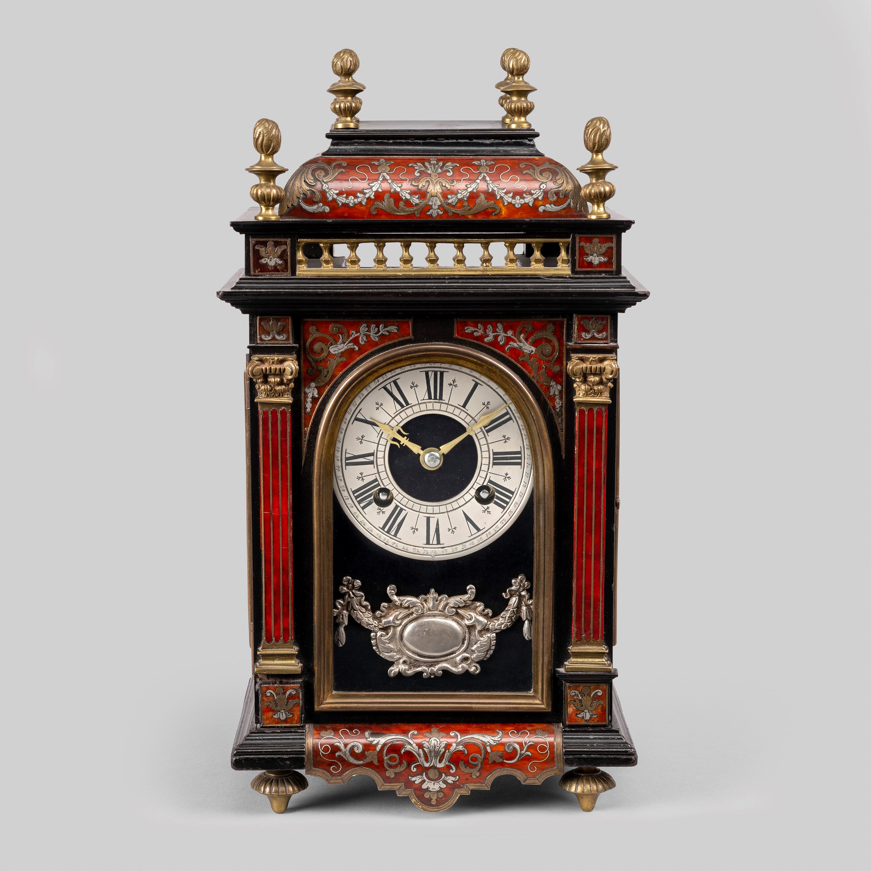 19TH CENTURY FRENCH RED TORTOISESHELL AND PEWTER MANTEL CLOCK BY MARTI OF PARIS